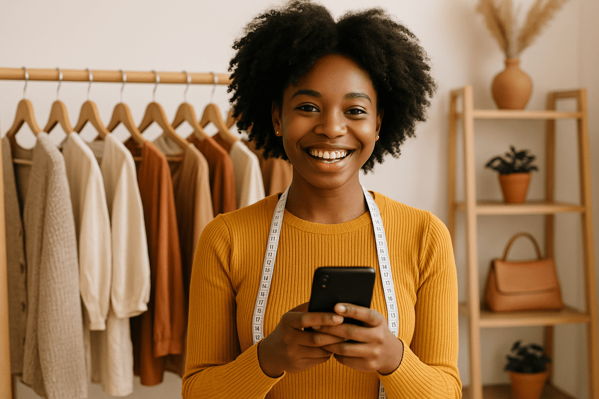 A fashion designer at her shop